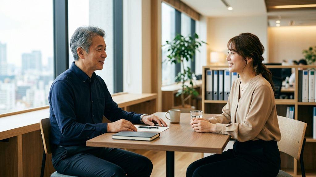 明るいオフィスで産業医と人事担当者が机を挟んで信頼感のある対話を交わし、選定基準を確認している様子.jpg