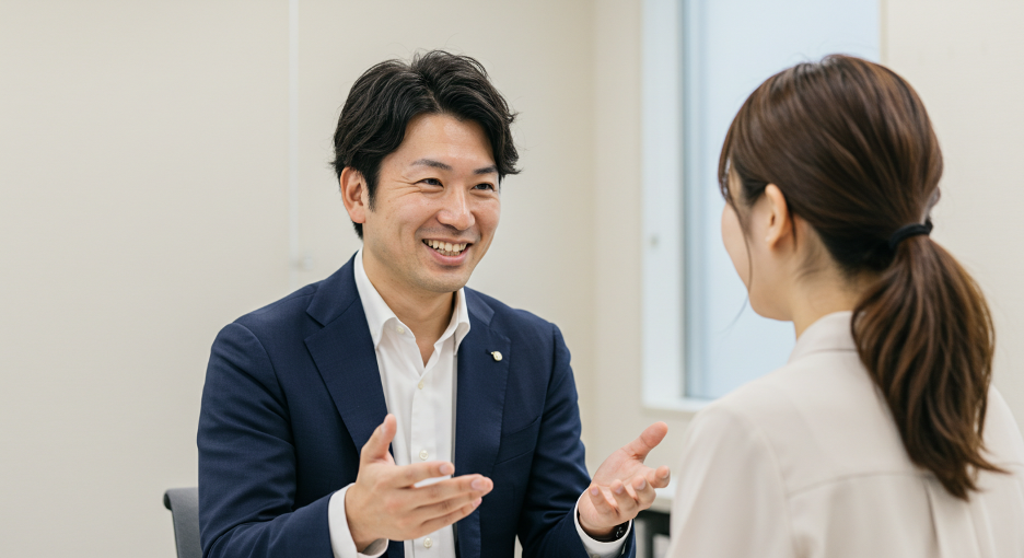 部下の話を遮らず、傾聴の姿勢を示すリーダー