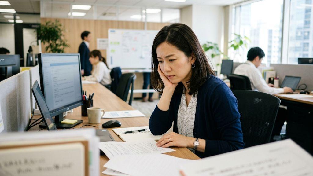 デスクで手元の資料を見つめ、産業医を変更すべきかを熟考する人事労務担当者.jpg