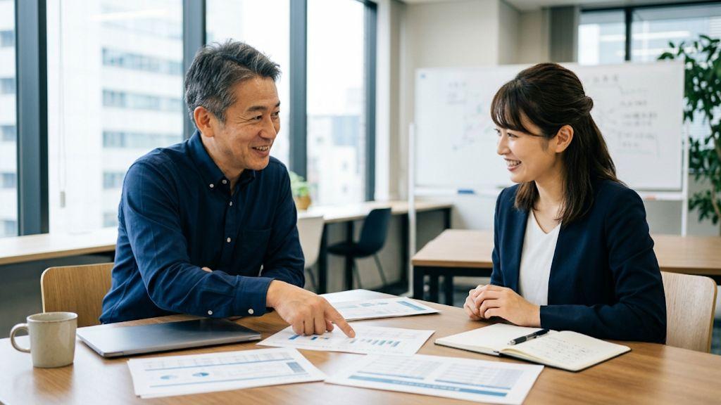 明るい会議室で産業医が資料を指し示しながら人事担当者に主体的にアドバイスを提供している場面.jpg