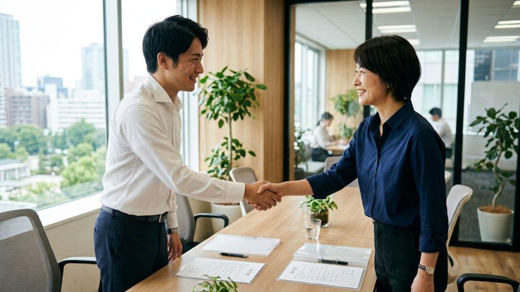 新任の産業医と人事担当者が明るいオフィスで握手を交わし、産業医変更を実行した瞬間を象徴するシーン.jpg