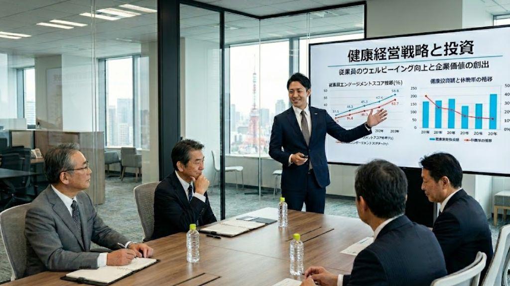 経営層への予算説明と健康経営の重要性を説明する人事担当者.jpg