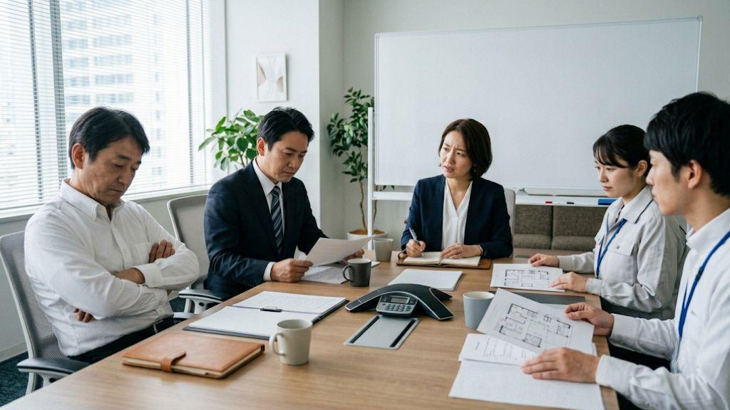 衛生委員会で受け身な姿勢の産業医に対し、懸念を抱きながらノートに書き込む人事労務担当者.jpg