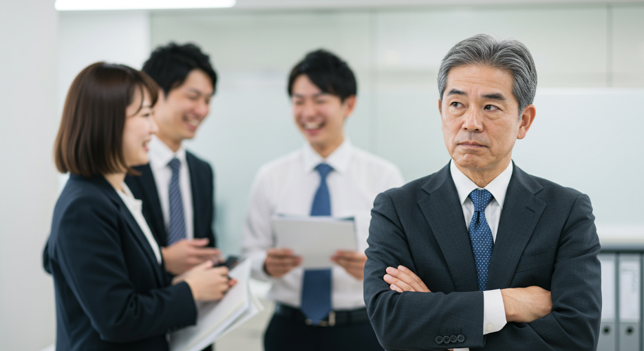 楽しげに話す社員たちを見ながら悩んでいる男性管理職.png