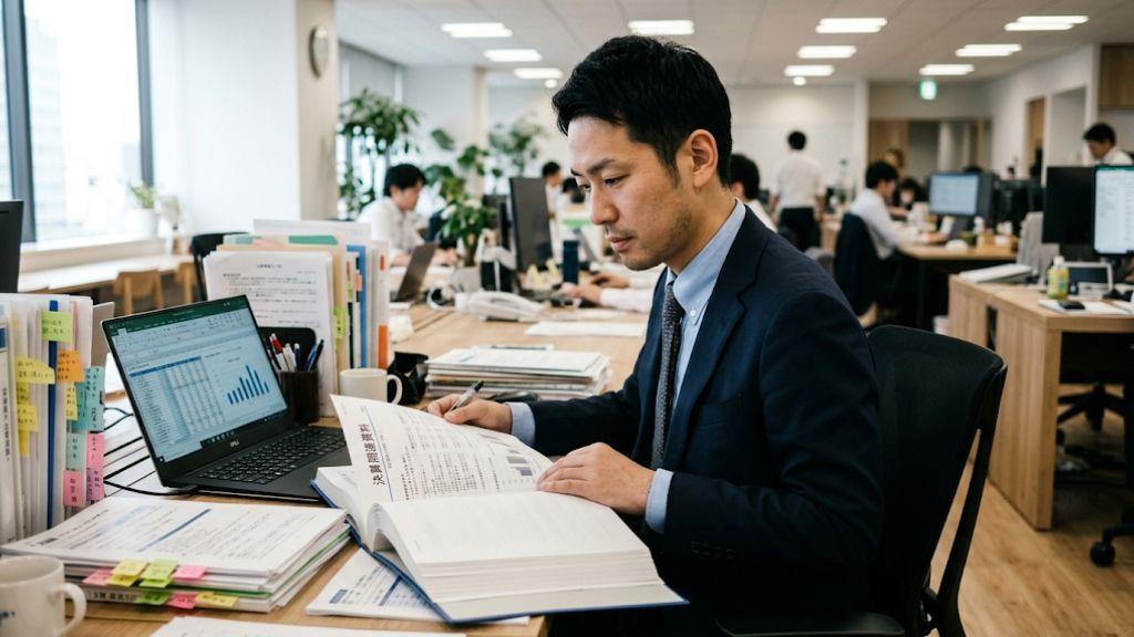 有価証券報告書で求められる記載事項と健康分野の位置づけを確認する人事担当者.jpg