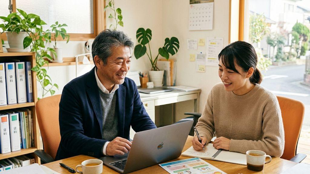 人事労務担当者が営業担当者と共に産業医紹介サービスについて検討している場面.jpg