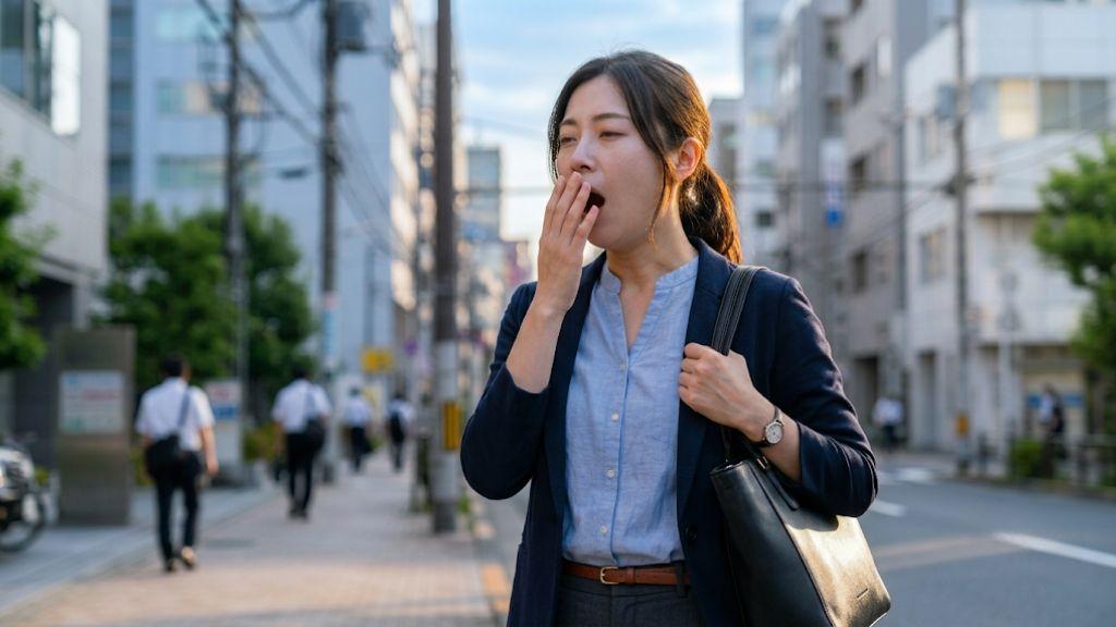 長期休暇明けの朝、あくびをしながら通勤バッグを手に取る20代の女性会社員.jpg
