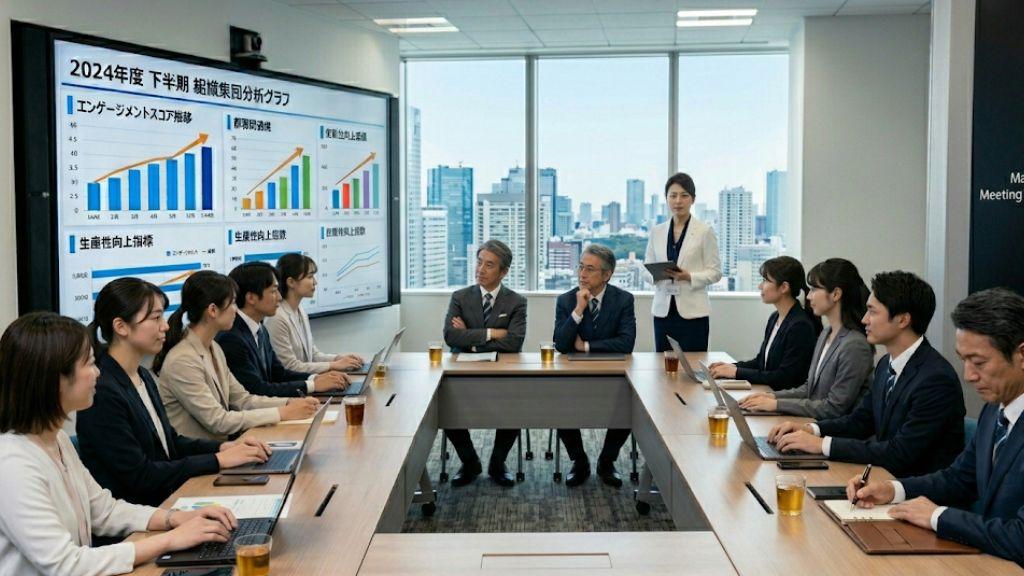 経営会議の場で集団分析や組織指標の結果を説明する人事労務担当者.jpg