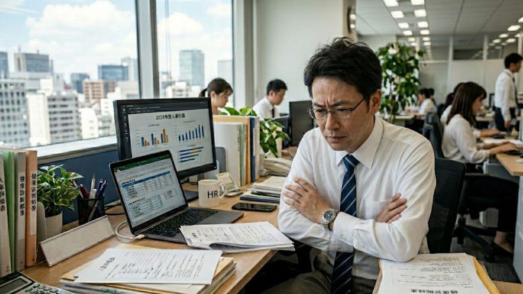 健康診断の追加費用や法的リスクに直面し悩んでいる様子の人事労務担当者.jpg