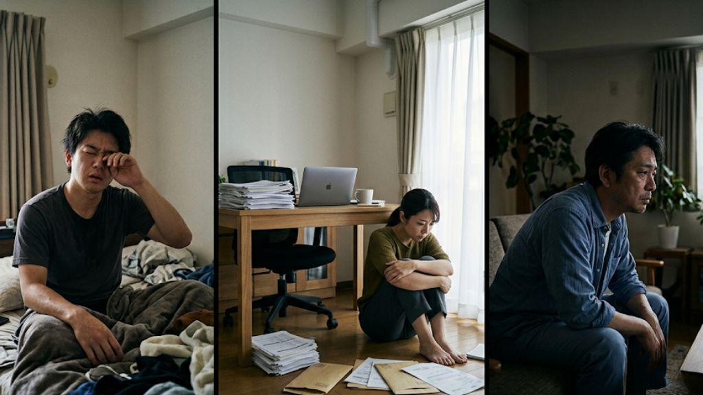夏休み明けの「行きたくない」の3タイプ——寝不足で目をこする男性、山積みの書類を前に固まる女性、窓辺でうつむく男性——の3分割イメージ.jpg