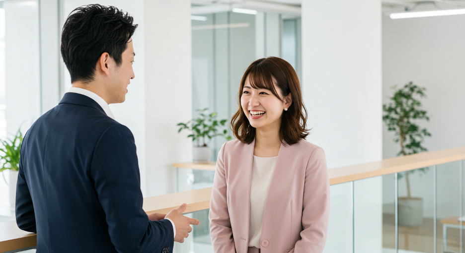 社内で楽しげに話す男性社員と女性社員