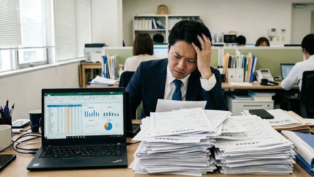 山積みのストレスチェック結果や分析結果の対応に追われている人事労務担当者.jpg