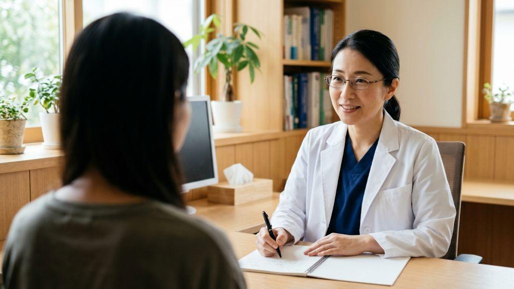 明るい相談室で日本人の精神科医が患者と静かに向き合い、ノートに書き込みながら状態を確認している.jpg