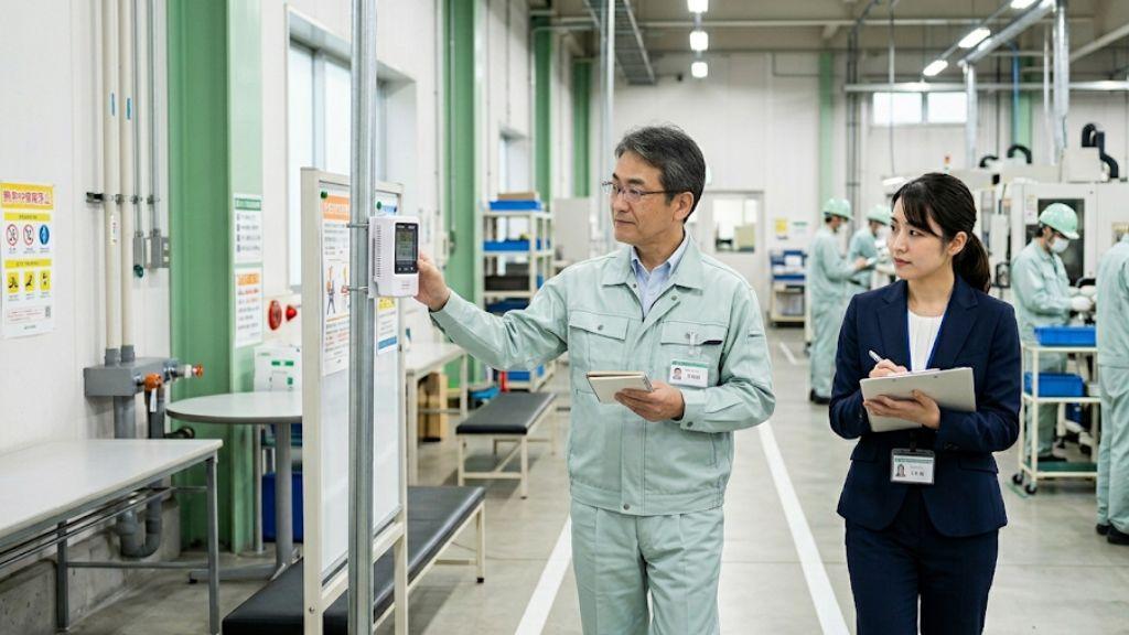 作業服姿で職場巡視を行う産業医と女性人事労務担当者.jpg