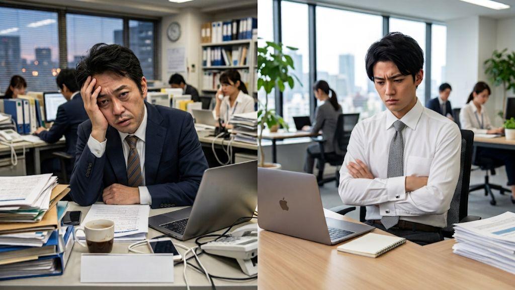 疲弊した中堅・ミドル層の社員と成果が認められず思い悩む若手社員の対比コラージュ写真.jpg