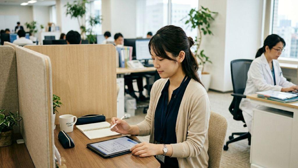 女性特有の健康課題に関する問診票にタブレットで記入する女性従業員.jpg