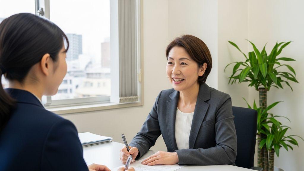 女性の保健師が女性従業員に受容的に話を聞いている様子.jpg