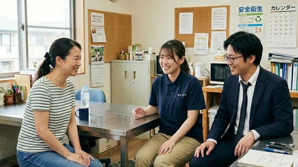 パート、アルバイト、正社員など多様な雇用形態の社員が休憩している中小企業の様子.jpg